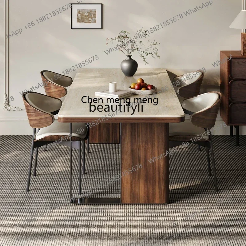 Travertine rock slab dining table living room home light luxury retro simple restaurant solid wood high-end dining table view 4