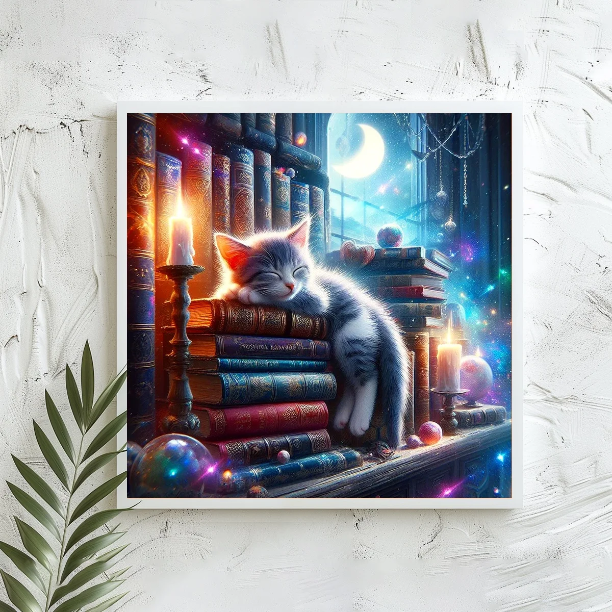 1 Stück 40x40 cm/15,74 Zoll, 11Ct/14Ct Kreuzstich-Set, DIY Valentinstagsgeschenk, Stickerei-Set für Festivals, Magisches Bücherregal mit schlafendem Kater – Detail 2