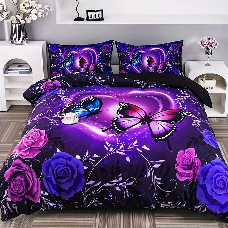 2/3 Piece Floral Butterfly Digital Print Bedding Set, Soft and Comfortable Duvet Cover Pillowcase 100% Polyester