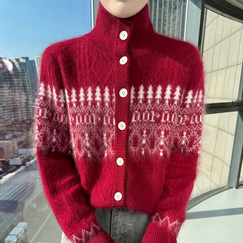 가을 겨울 두꺼운 하이넥 가디건 100% 밍크 캐시미어 여성용 자카드 니트 스웨터 루즈하고 패셔너블한 따뜻한 재킷