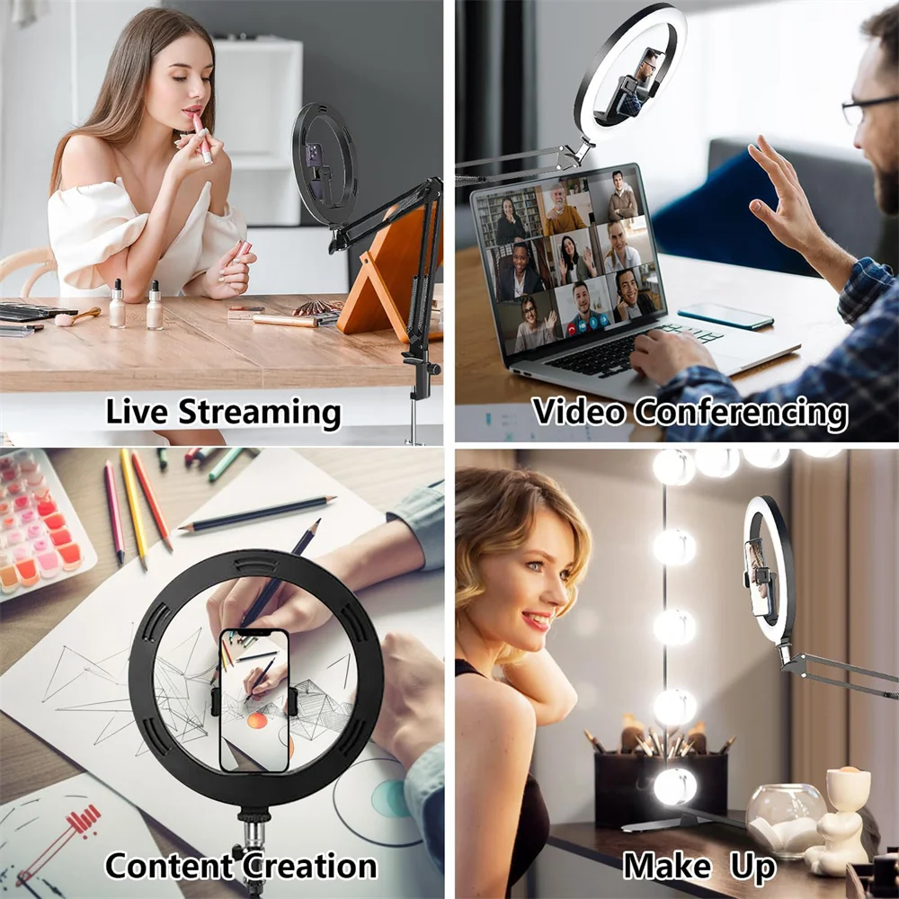 Overhead Selfie Ring Light w Mobile Holder Support Table Mgic Arm Stand, Photography Led Ring Lamp Ringlight For Live Broadcast