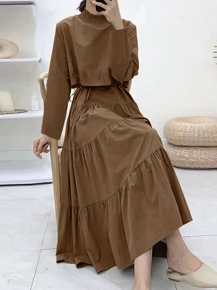 ZANZEA elegante collo alto vestito arruffato Casual tinta unita abiti donna 2024 autunno Maxi abiti festa festa torta abiti