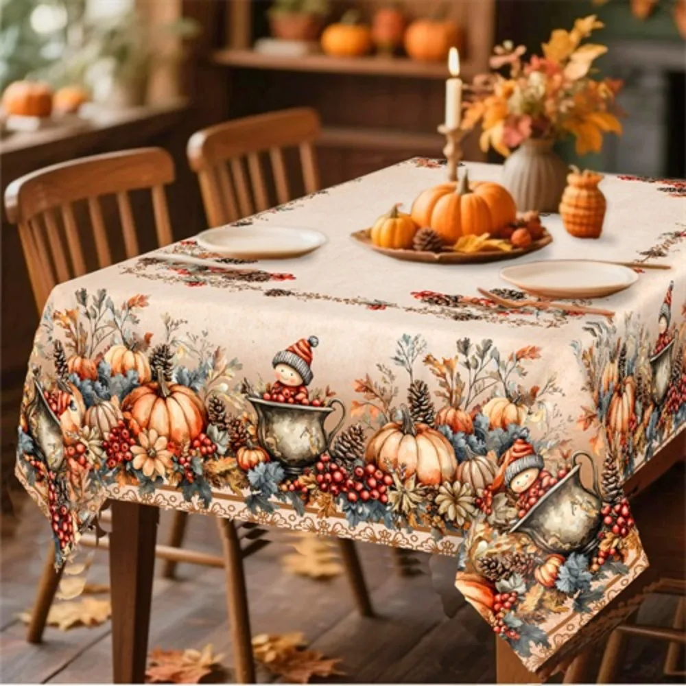 1PC Autumn Farmhouse Wind Tablecloth, with beige base featuring patterns of pumpkins, pinecones, berries and flowerszyc