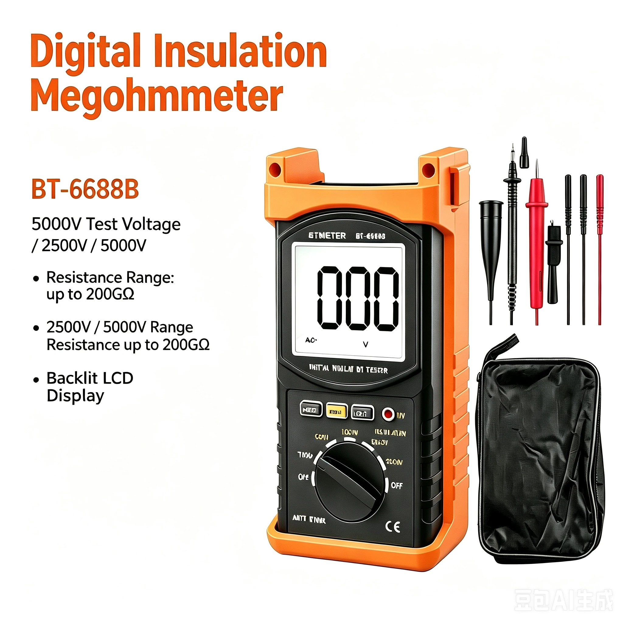 Digital Insulation Megohmmeter 5000V 200GΩ Handheld LCD Resistance Tester Industrial Cable Power Repair BTMETER BT-6688B