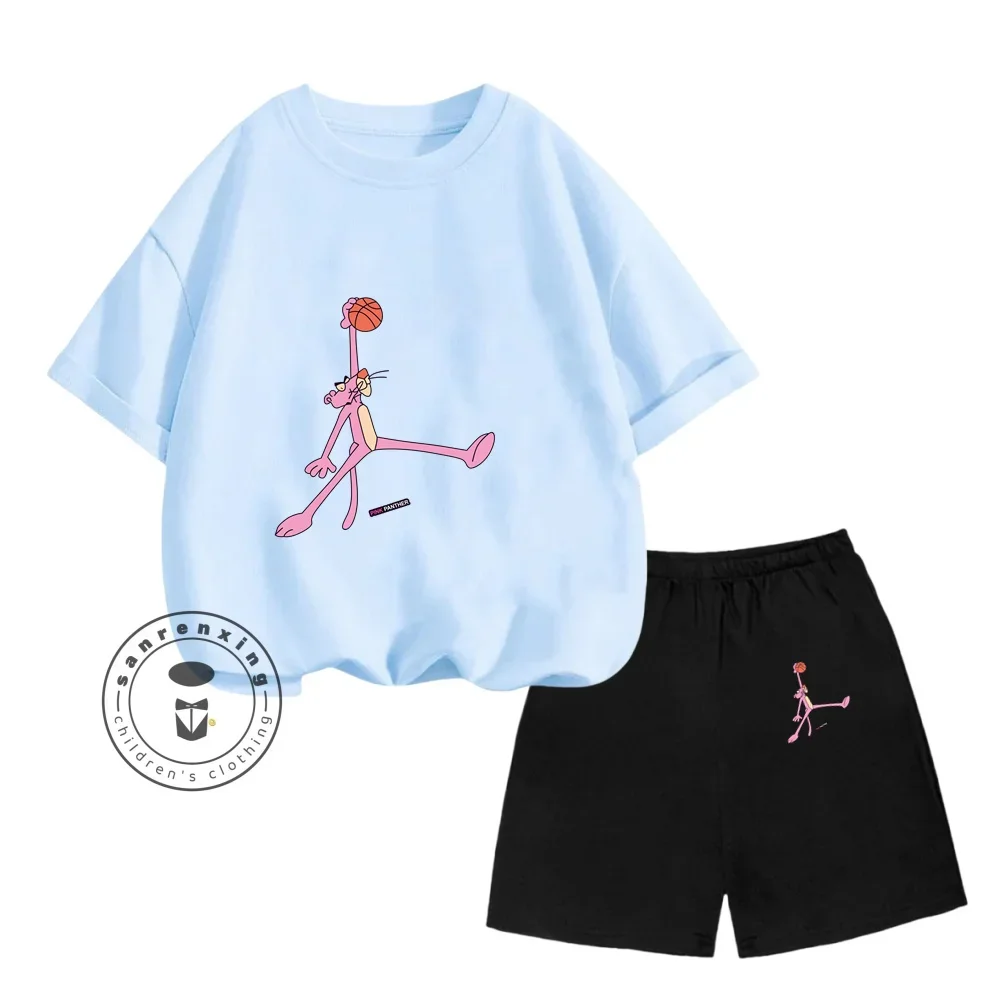 American cartoon ANIMATIONS Pink Panther print suit o-neck cute short sleeve +Korean shorts children's trend personality suit