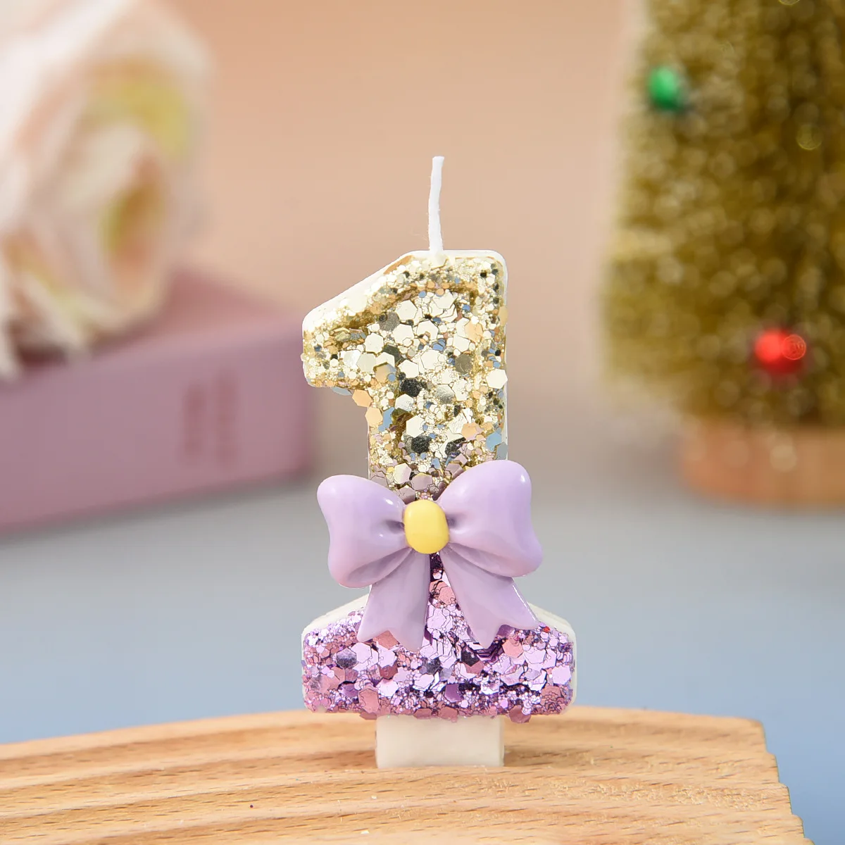 Purple Champagne Color-blocked Digital Candle, Purple Bow 7.5cm Birthday Candle Festival Party Dessert Cake Atmosphere Plugin