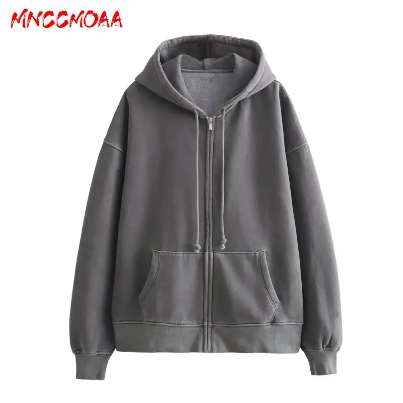 MNCCMOAA-Sweat à capuche zippé pour femme, poches à manches longues, vêtements d\'extérieur décontractés, ample, mode féminine, automne, hiver, 2024