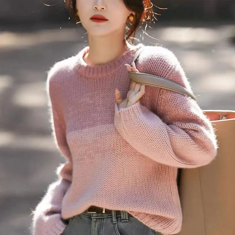 Korean Fashion Autumn New Sweaters Women O-Neck Screw Thread Gradient Color Temperament Long Sleeve Loose Pullovers Knitted Tops