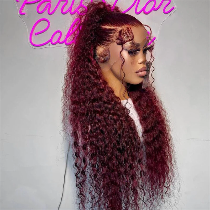 Glueless 26Inch Soft Long Burgundy Kinky Curly Lace Front Wig For Women With Baby Hair Synthetic Preplucked Daily