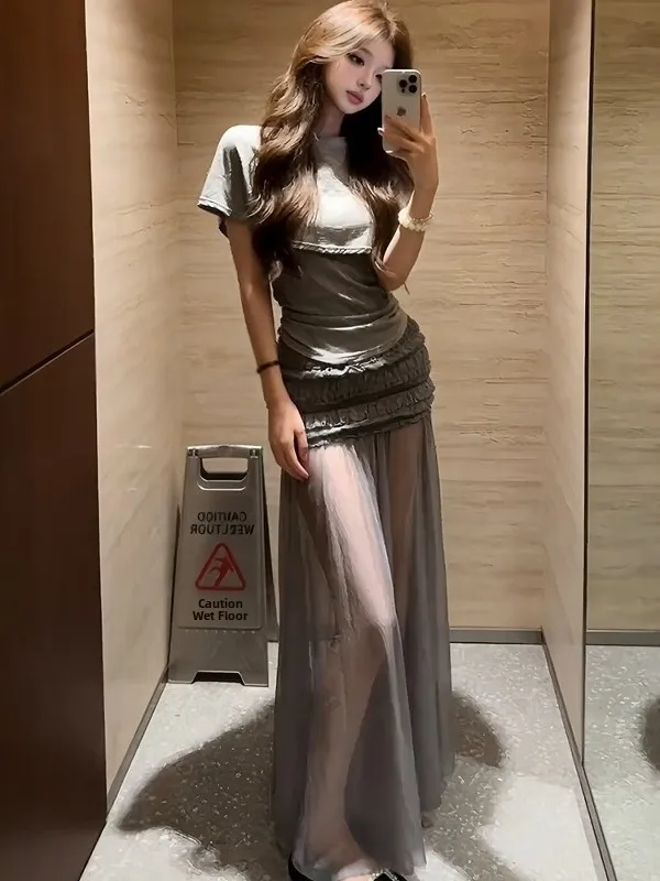 

Korean Design Sensation Women's Summer New Hot Girl Grey Waist-Cinching Top Mesh See-through Long Skirt Two-piece Set