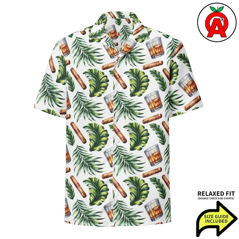

Men's Cigar & Whiskey Print Hawaiian Shirt Retro Watercolor Style Short Sleeve Button Down Surfing Shirts Casual Party Wear