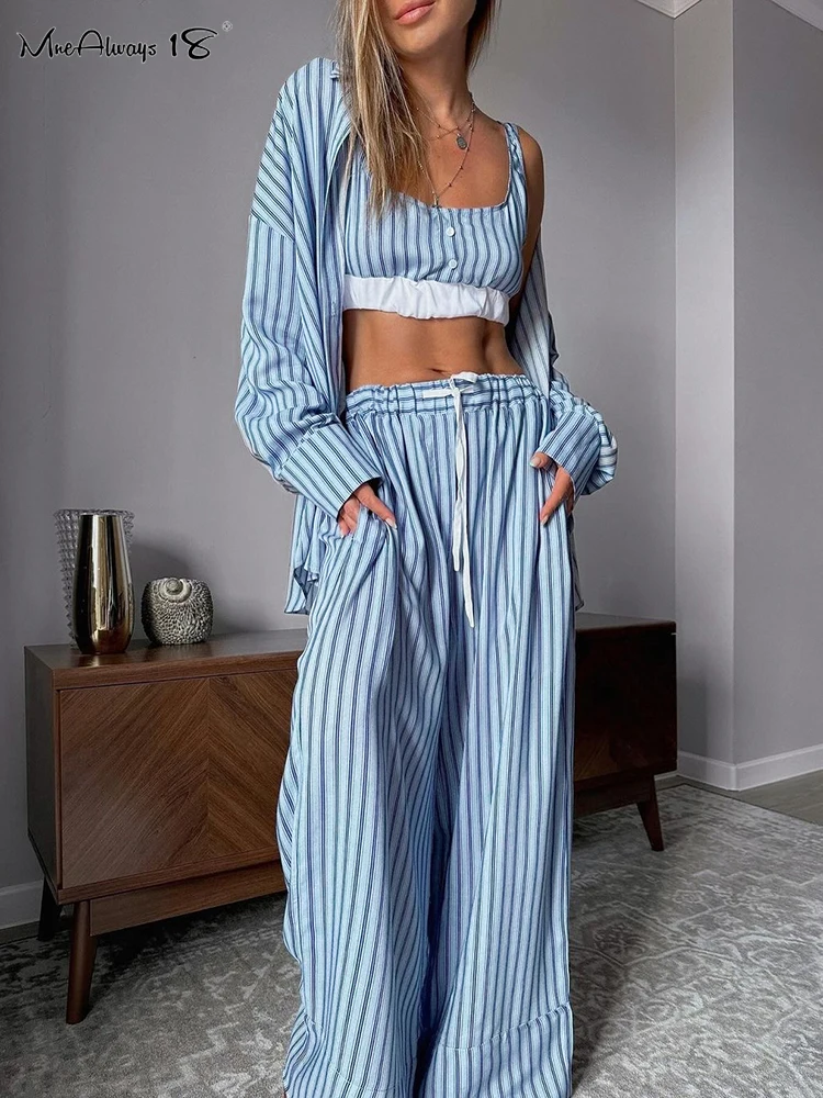 Mnealways18 Stripe Casual 3 Pieces Sets With Bra Women Oversize Shirts And Drawstring Pants Homewear Suits Autumn 2024 Sleepwear