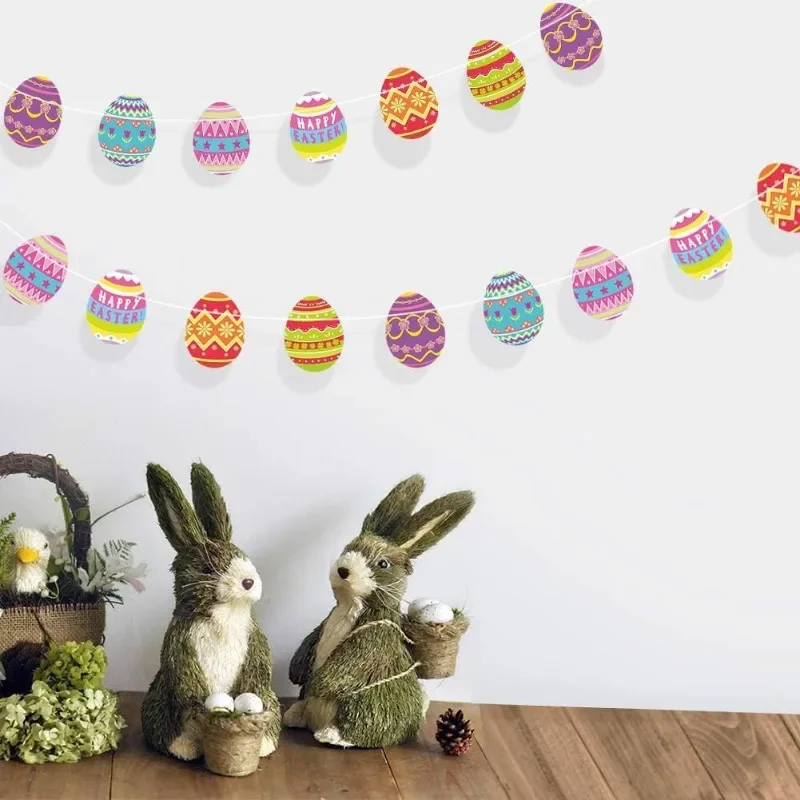 Colorful Easter Egg Paper Hanging Banner Garland Backdrop Kit for Easter Spring Fling Brunch Photo Drop Decorations Supplies