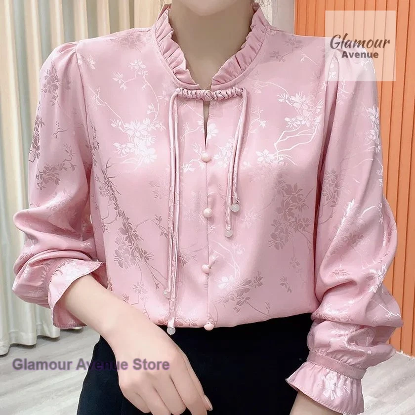 New Chinese style national style top women's spring new wooden ear buckle long sleeve T-shirt with a sense of niche temperament