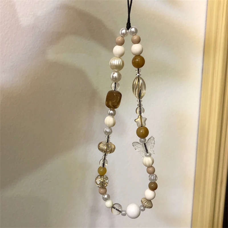Korea Cute Butterfly Beaded Phone Chain Charm Lanyard For iPhone Samsung Universal Accessories Anti-Loss Lanyard Jewelry Pendant