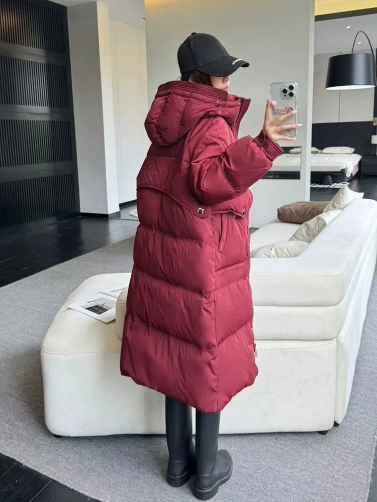 الشتاء طويل جيب كبير مقنعين أسفل سترة الإناث سميكة الدافئة باركر أبلى النساء الأبيض بطة أسفل مقاوم للماء طول الركبة السترات