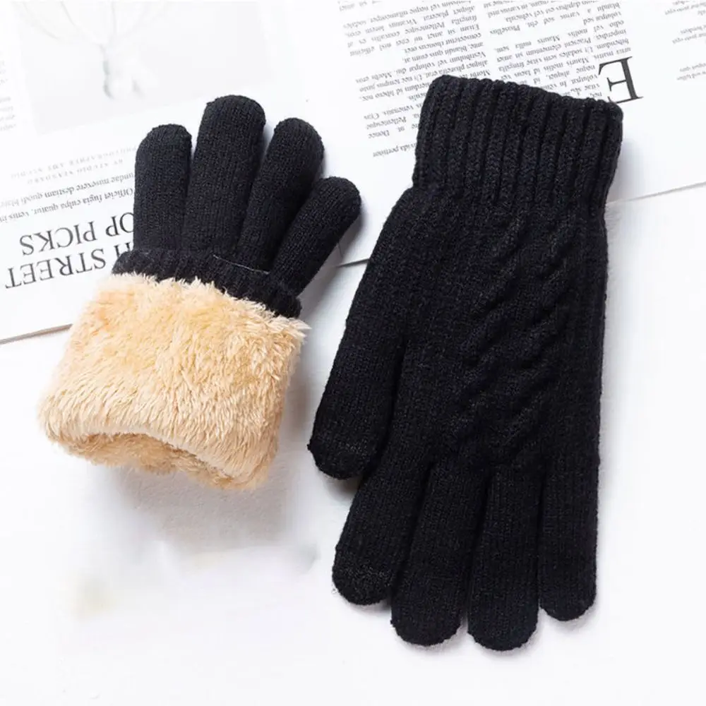 Fashion Boys Girl Winter Gloves Pure Color Lamb Velvet  Mittens Soft Warm Black Double Layer Male Thickened Gloves