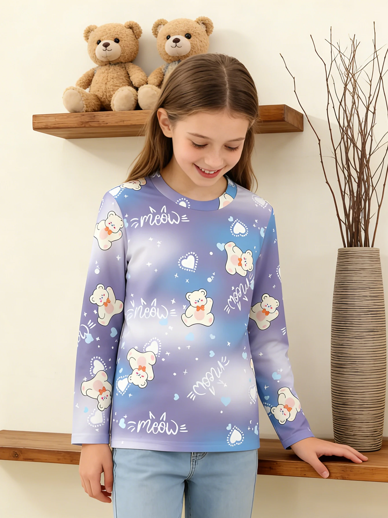 

2026 girls purple and blue gradual change bear full print long-sleeved T-shirt, cute crew neck top