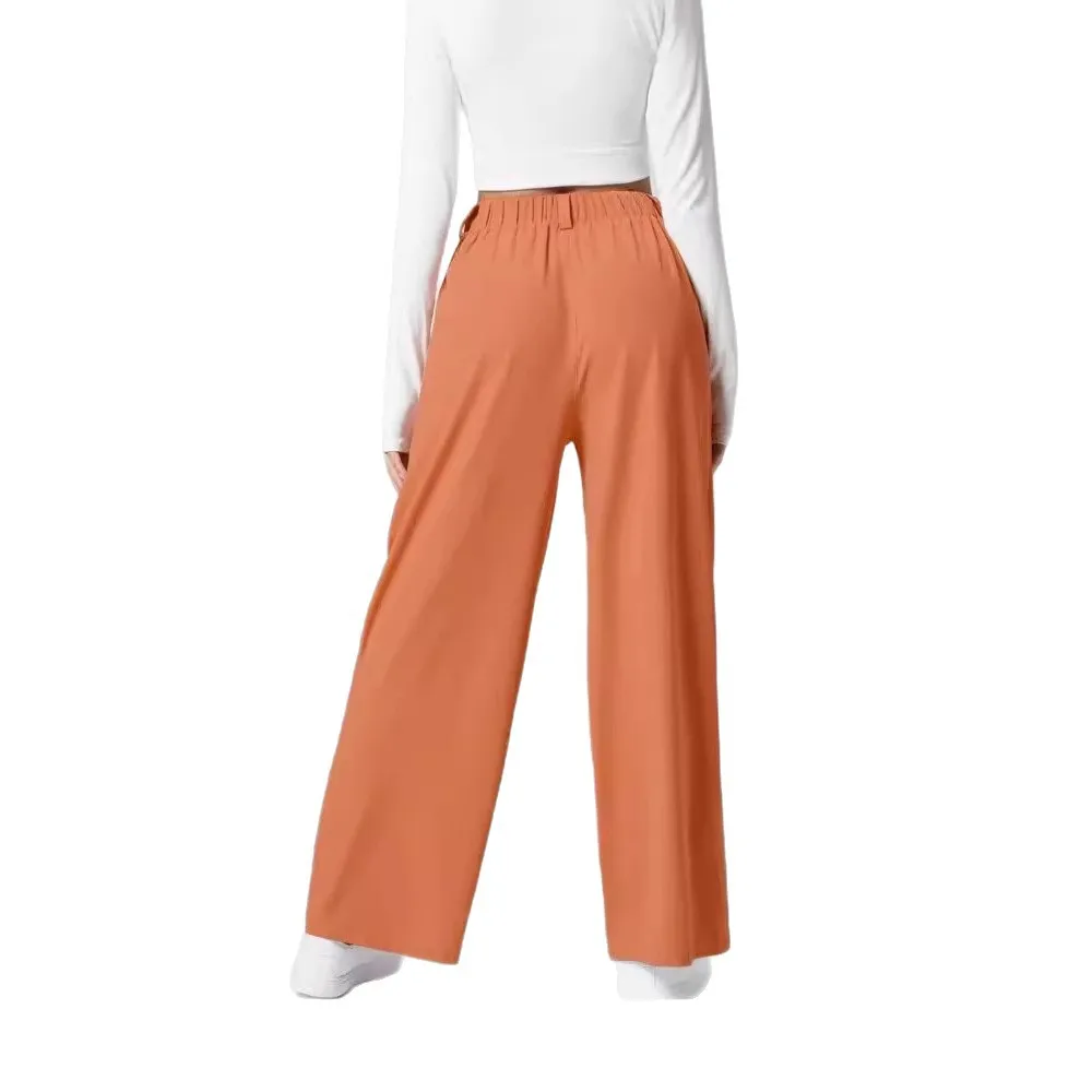 Women's solid color pocket straight leg loose elastic yoga pants; street style elastic wide leg pants; sports leisure