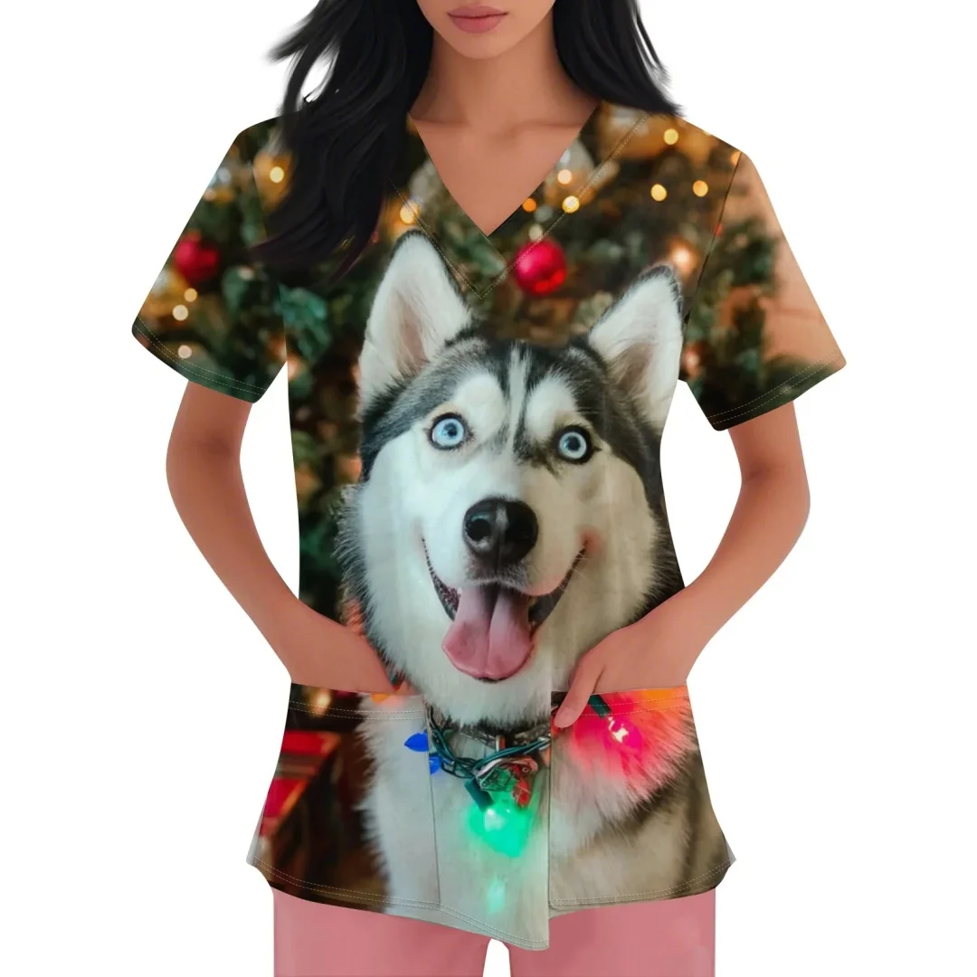 เสื้อสครับคอวีพิมพ์ลายคริสต์มาส 3 มิติ สวมใส่สบาย เหมาะสำหรับบุคลากรทางการแพทย์ ผู้หญิง ใช้ได้ในโรงพยาบาล คลินิกทันตกรรม