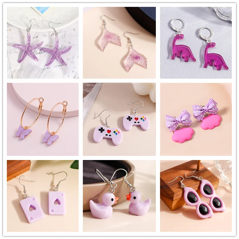 New Fashion Purple Flower Sunglasses Duck Butterfly Starfish Mermaid Dangle Earrings For Women Holiday Jewelry Gifts