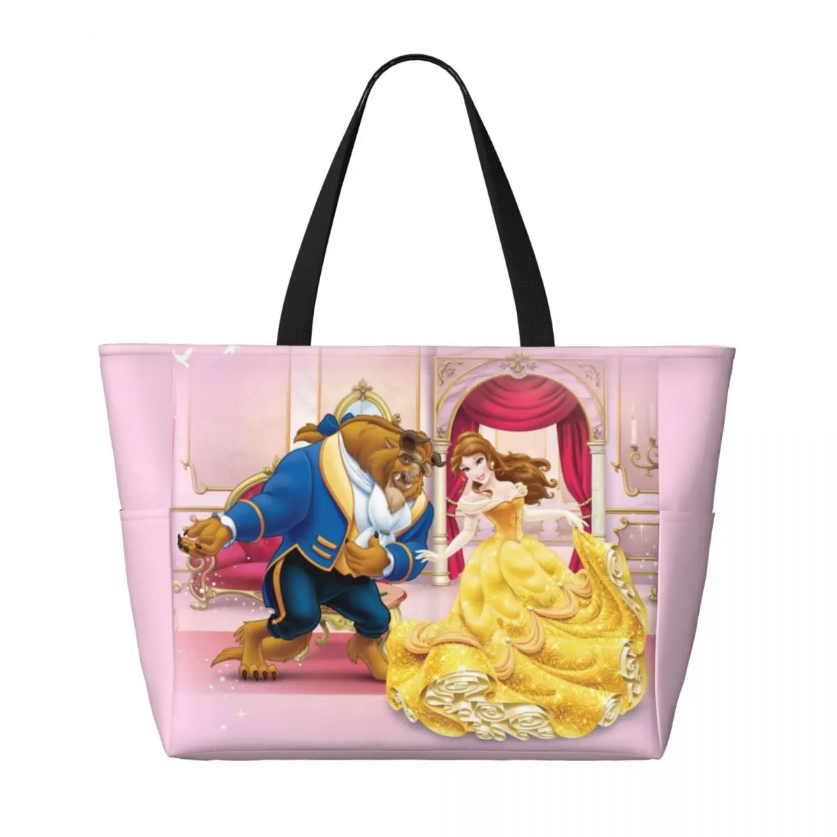 Custom Cartoon Beauty And The Beast Groceries Tote Shopping Bags Women Large Capacity Gym Beach Travel Bags