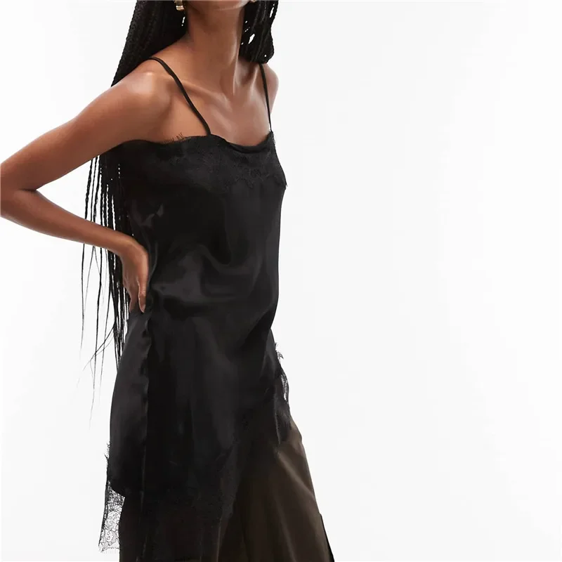 Women Stain Lace Long Cami Tank Top Y2K Silk Lace Trim Asymmetrical Side Split High Low Slip Dress Ging Out Streetwear