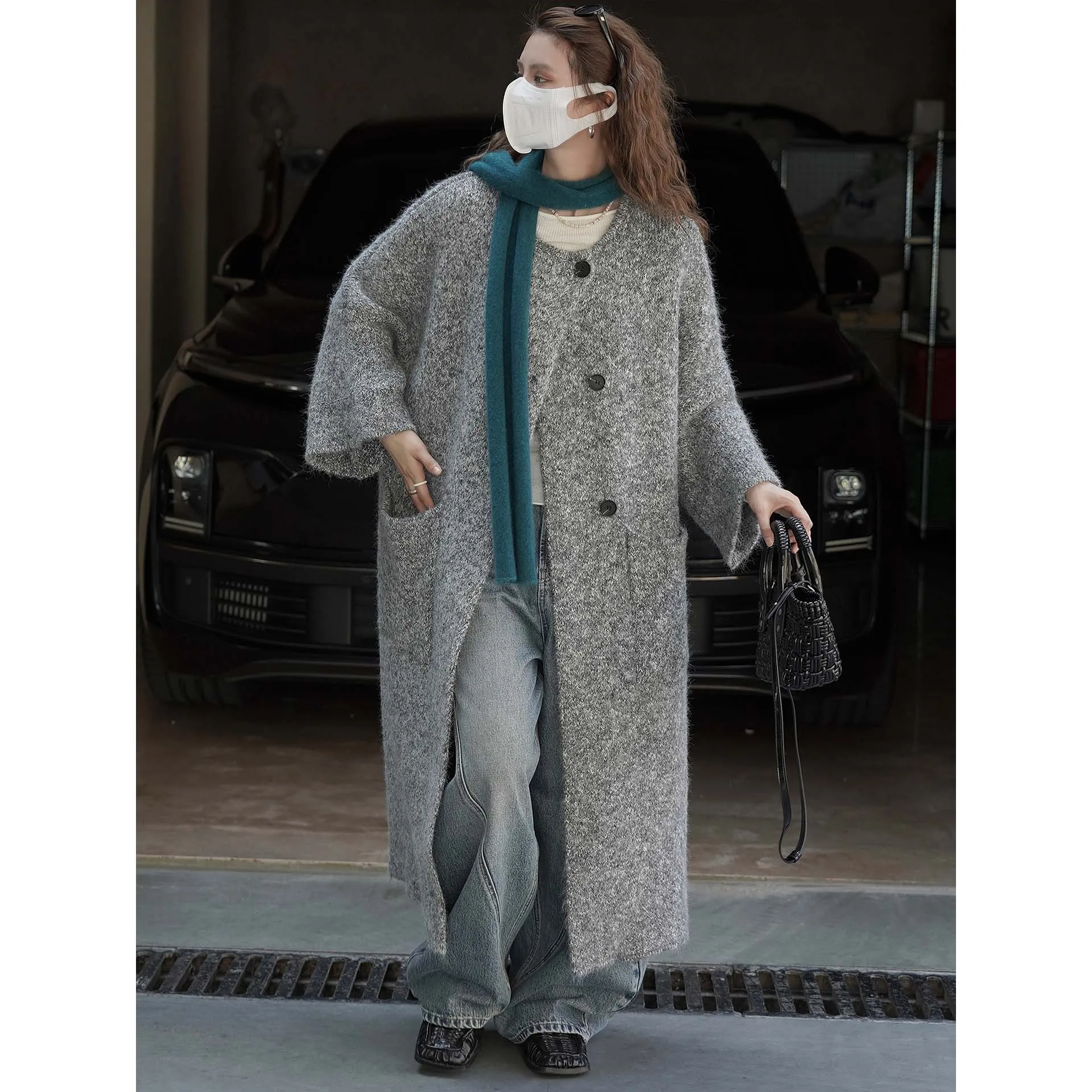 UMI MAO Louvre Winter New Korean Style Lazy Round Neck Long Knitted Wool Coat Loose Fit Women's Jacket