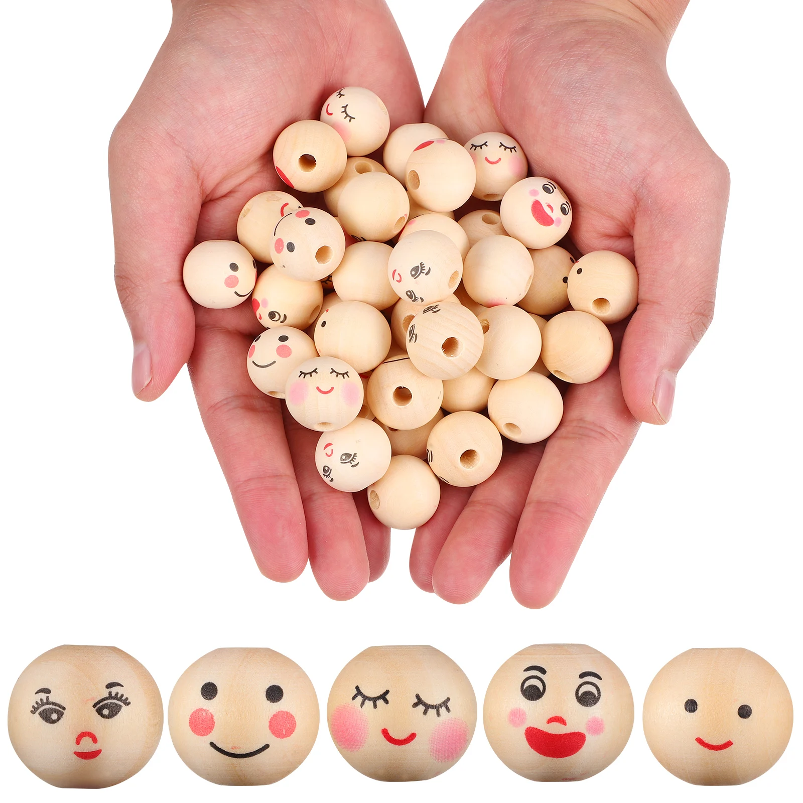 

100Pcs 20mm Round Face Beads Pieces Natural Wooden Decor Chiristmas Tree Garland Craft Smiling Face Loose For Bracelets NEW