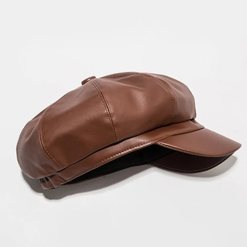 Fashion Leather Newsboy Cap Quality Artist PU Leather Female Korean Octagonal Cap Spring Winter Casual Beret Women Flat Hat