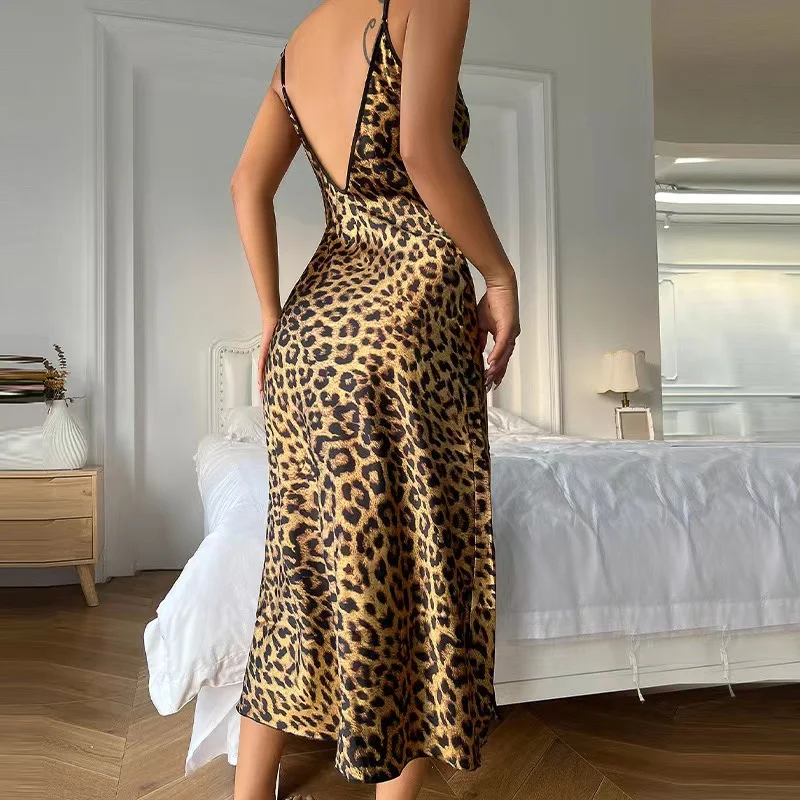 Sexy Leopard Backless Dress Summer Women Sleepwear Long Spaghetti Strap Dress High Split Home Dressing Gown Nightwear