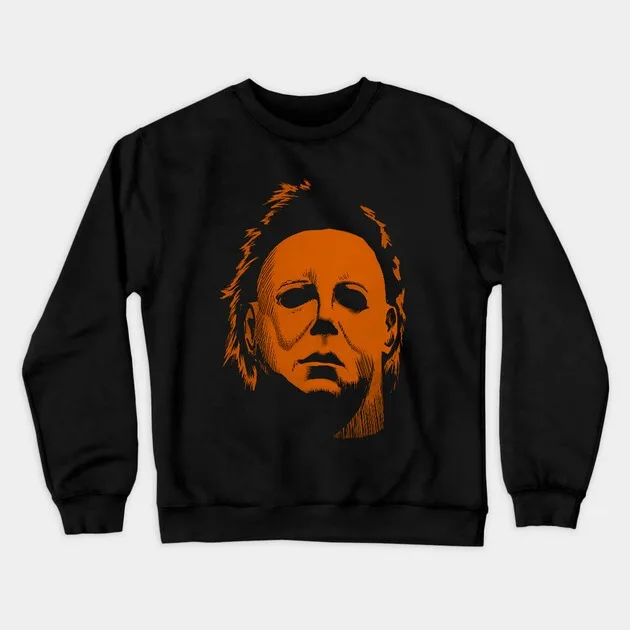 

Autumn and Winter Horror Icon Tribute Cotton Crew Neck Sweatshirt This Chilling Design Features An Orange - Hued Portrait