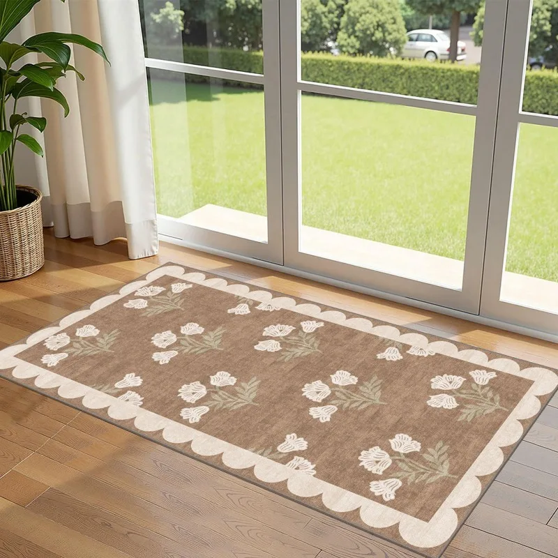 Flower Doormat Retro Floral Indoor Area Rug  Entrance Floor Carpet Low‑Profile Mat for Living Room Kitchen Home Decoration
