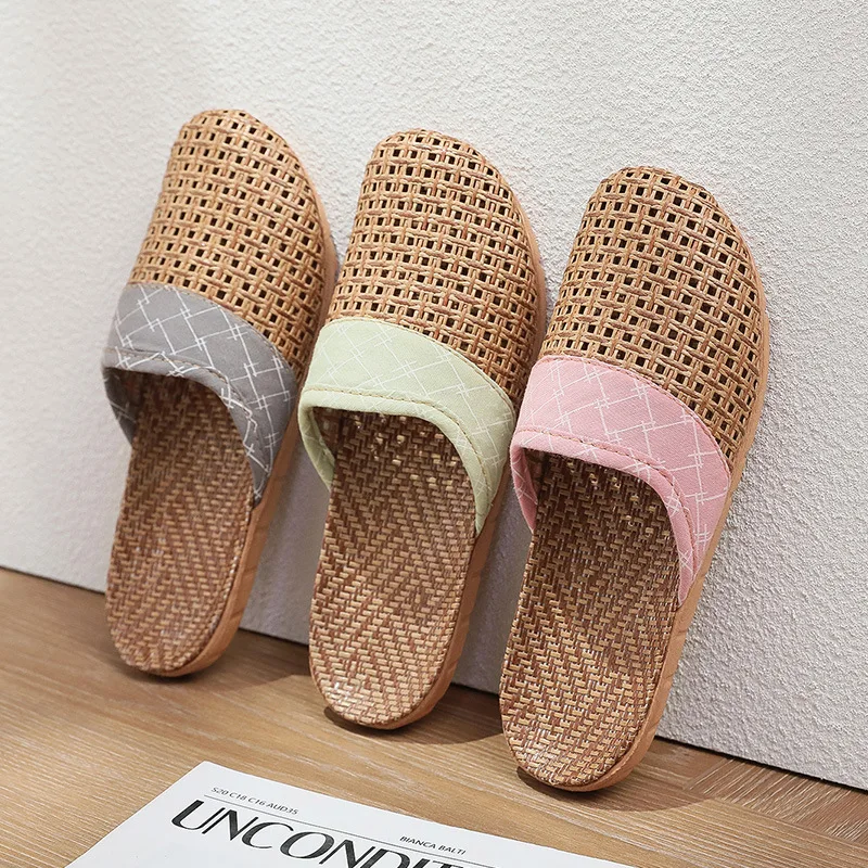 Mntrerm New 2023 Vine grass slippers household summer linen slippers Couple Home Office Bamboo indoor shoe