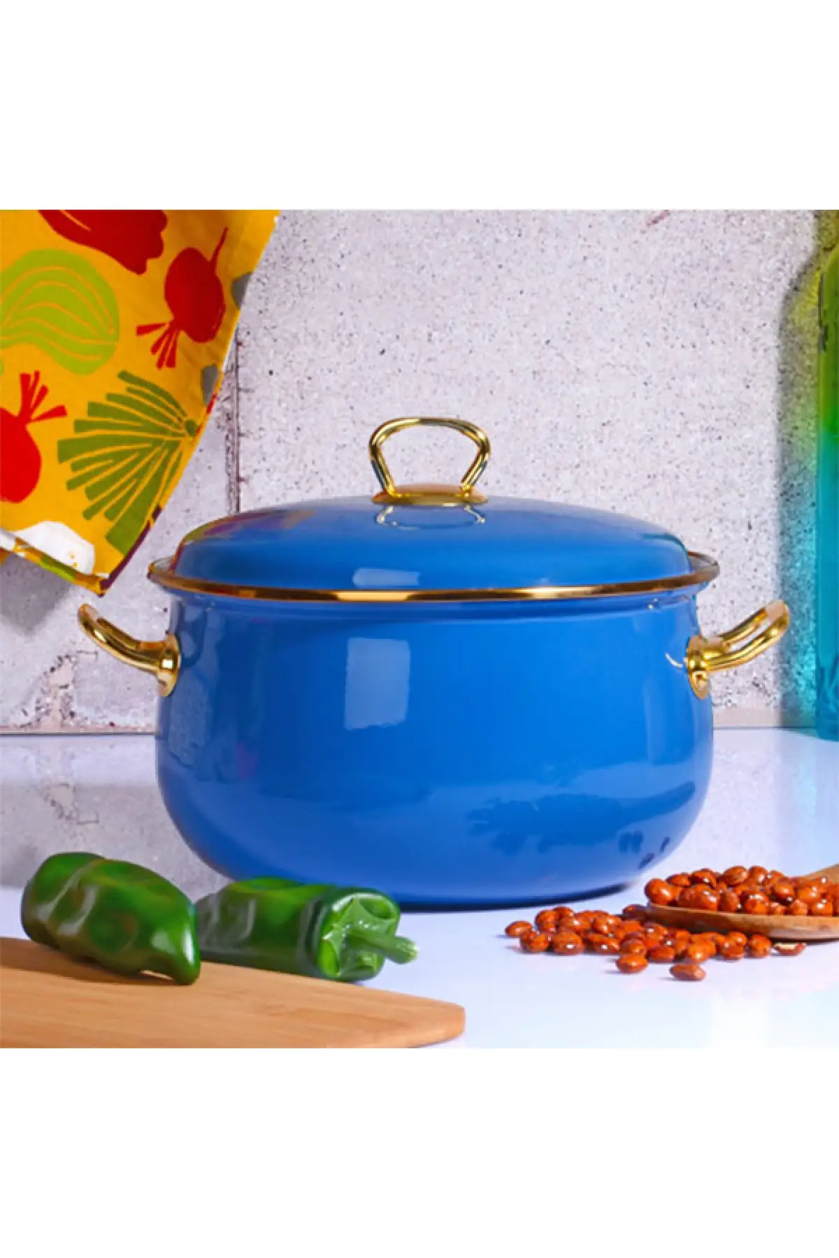 Blue Enamel Pot And Lid 22 Cm 5 Lt