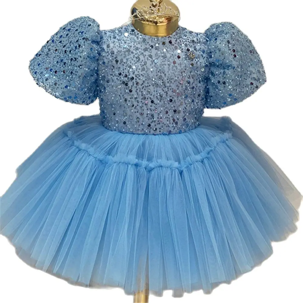 

Glitter Bow Puffy Ball Gown Sequin Cap Lantern Sleeves Flower Girl Dresses Knee Length Tulle Kid Birthday Party Dress