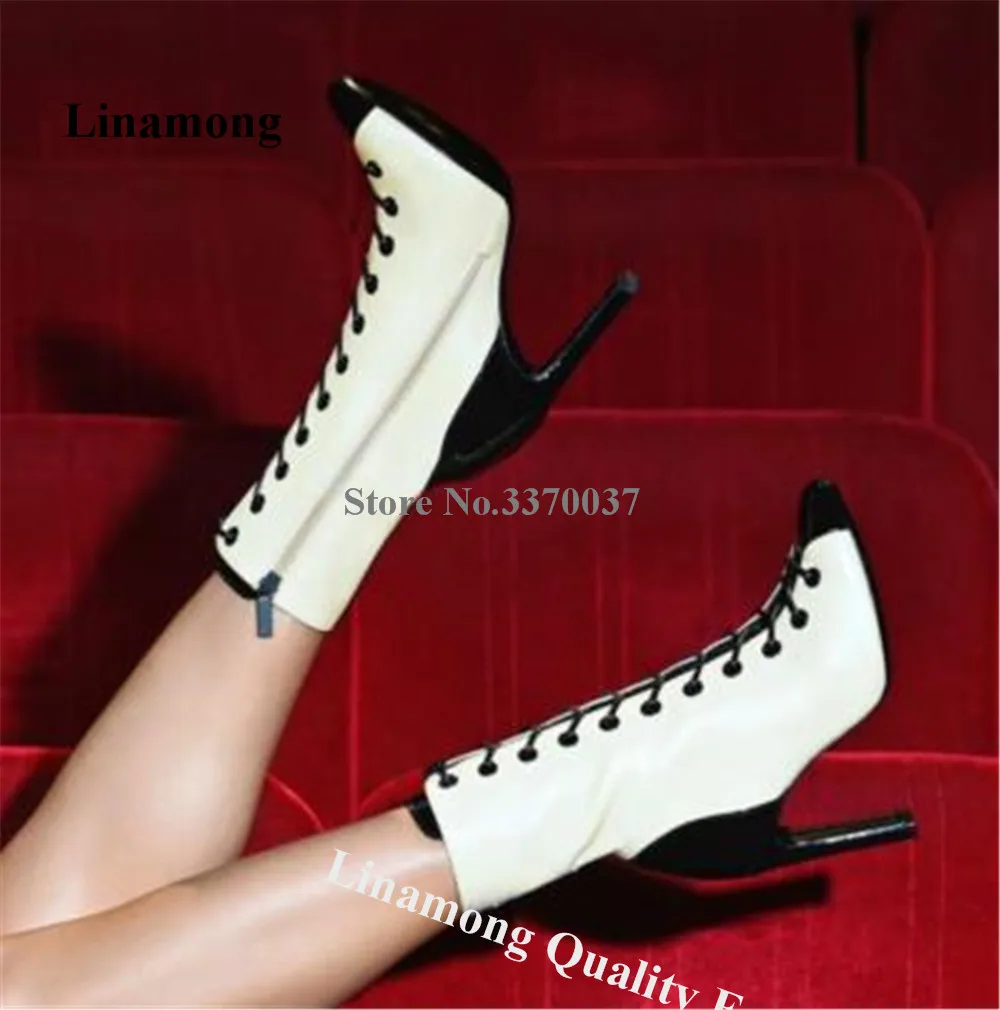 

White-black Mixed-colors Short Boots Linamong Newest Round Toe Classical Style Stiletto Heel Ankle Booties Lace-up Dress Pumps