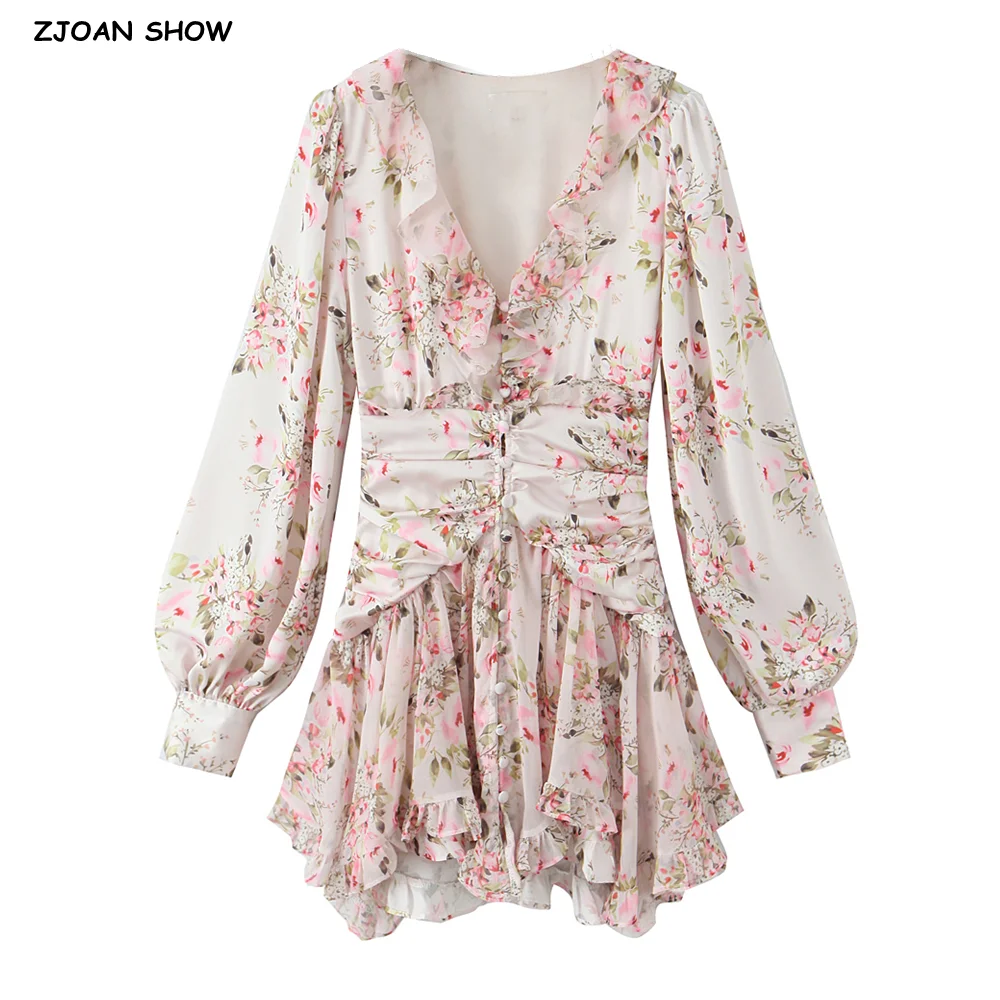 2025 Vrouwen Roze Bloemenprint Bladerdeeg Lange Mouw Chiffon Jurk Open Knoppen Houten oren Ruches Zoom Mini Shirt Jurken Vakantie Gewaad