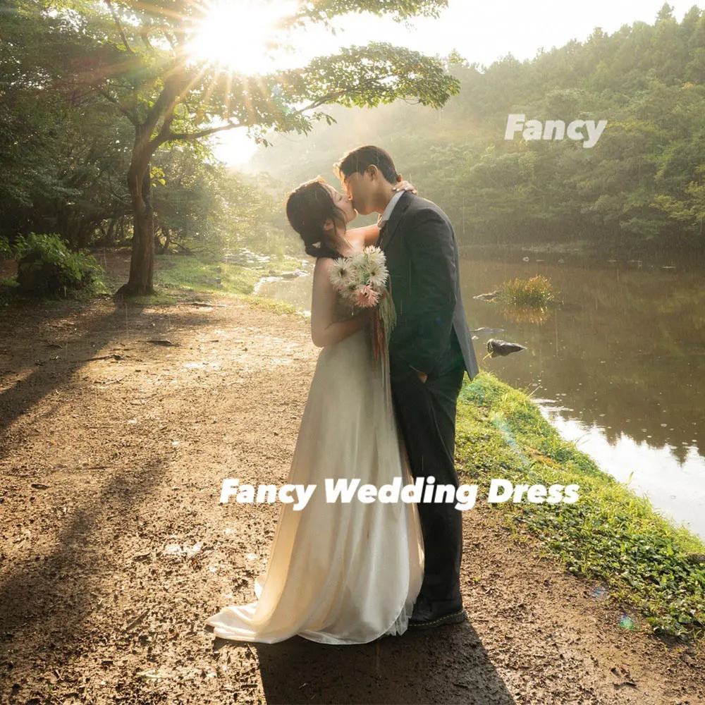 

Fancy Elegant Strapless Wedding Dress Korea Photo Shoot Soft Satin A Line Sleeveless Evening Dress Back Corset Customized