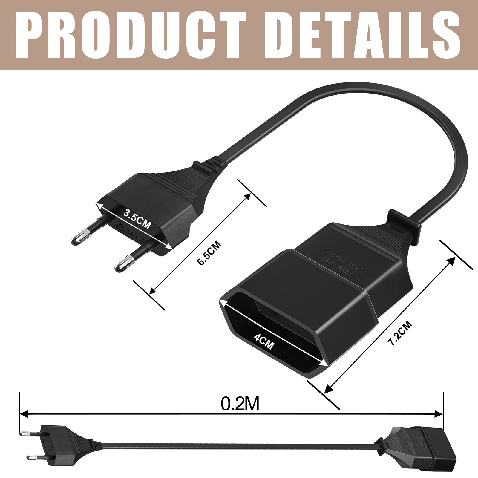 3 Pack Male Plug To Female Socket Power Extension Cord For PC Computer 0.2m Euro 2Prong Plug EU Extension Cable Black White