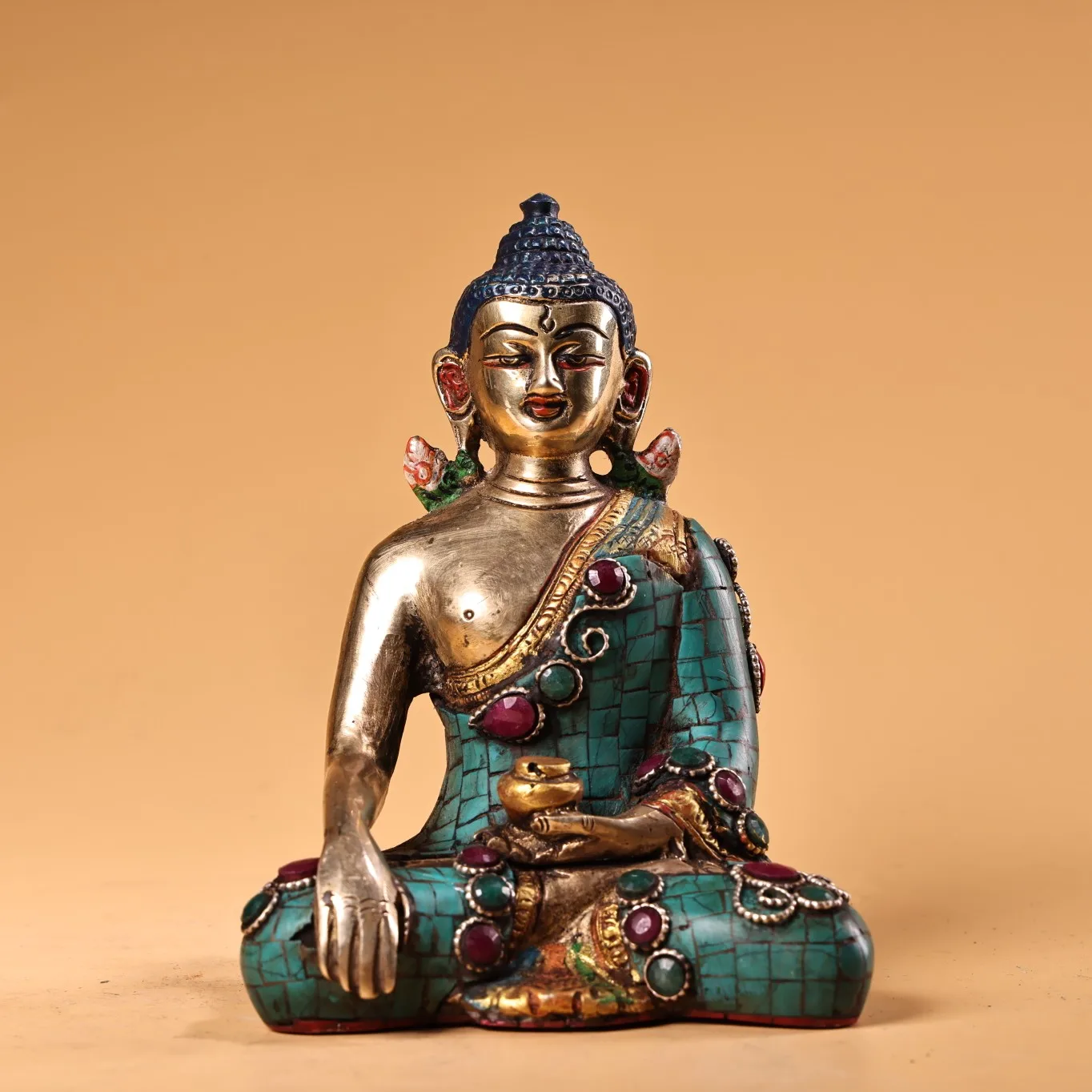

6"Old China Collections Old Bronze Painted Outline in gold Mosaic Gem Turquoise Shakyamuni Lotus Buddha Worship Hall