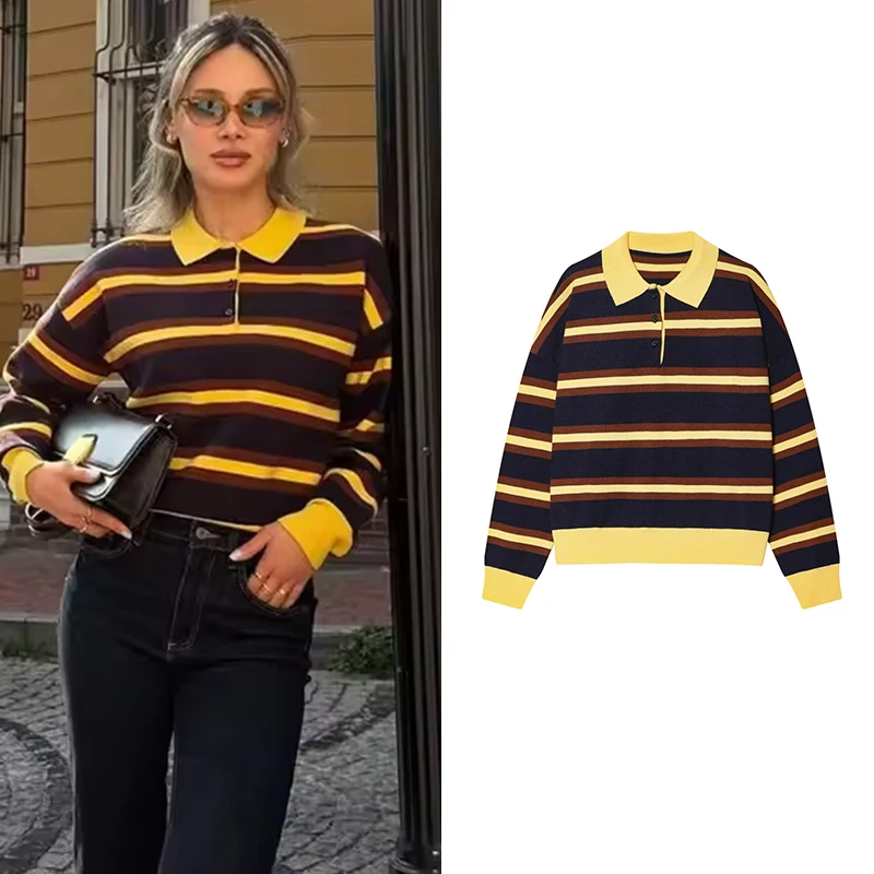 المرأة مخطط بولو طوق متماسكة سترة متعدد الألوان كبيرة الحجم 2025 عادية Perppy المرأة قمة الموضة شيك سيدة البلوز #1