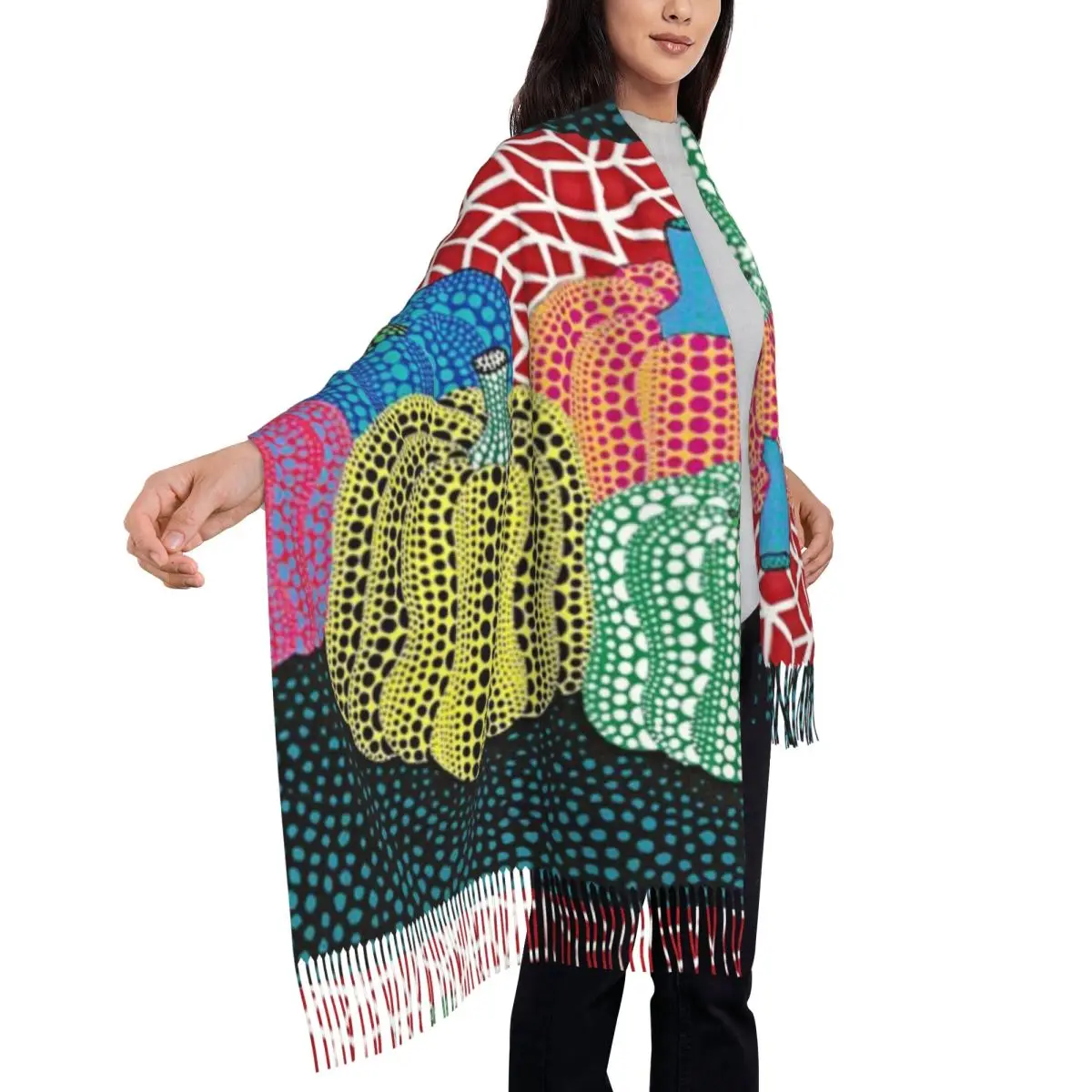 Bufanda personalizada de tres lunares con diseño de calabaza para mujer, chal largo cálido con borlas para invierno, bufandas Unisex Yayoi Kusama