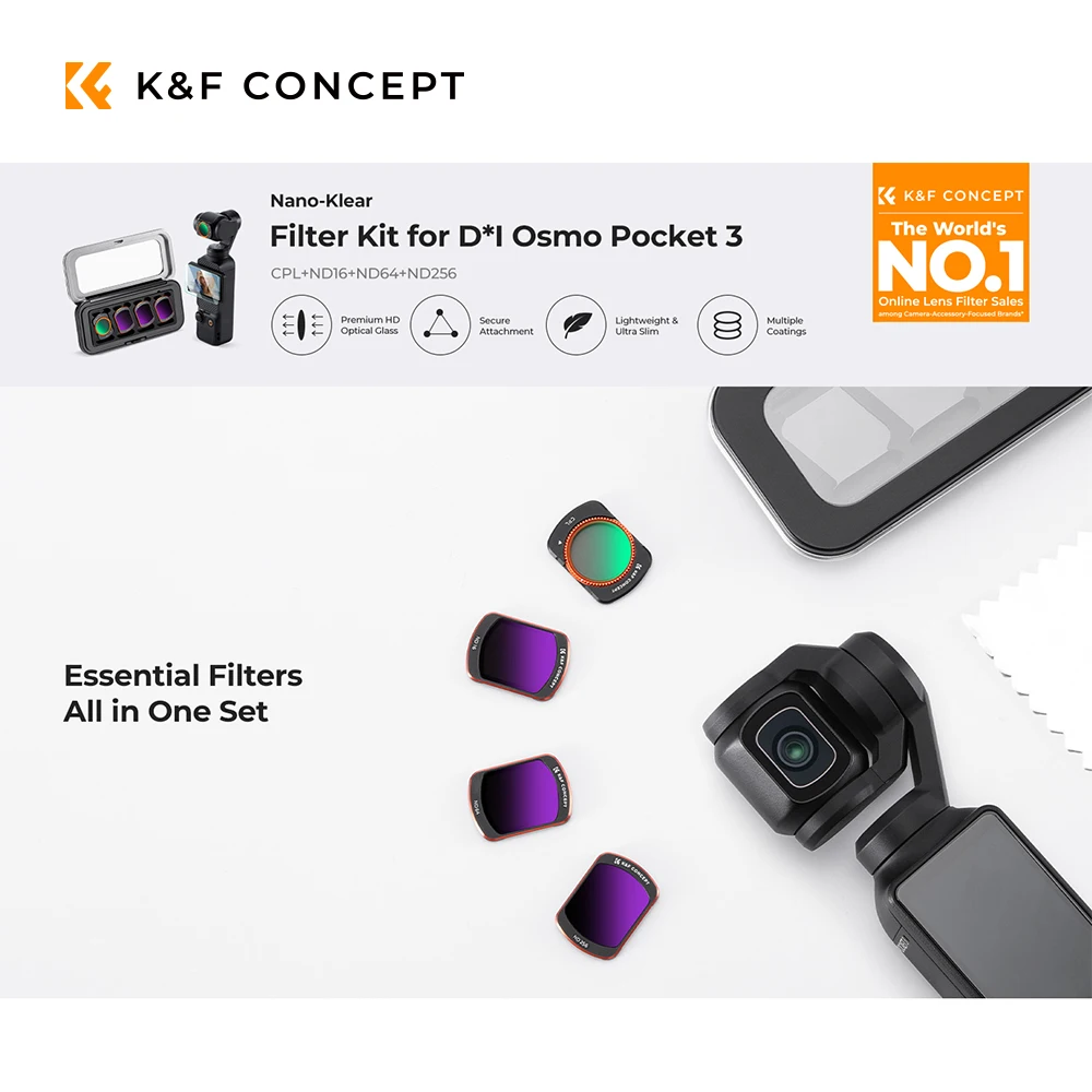 

Комплект фильтров K&F Concept для DJI Osmo Pocket 3, CPL+ND16/ND64/ND256, магнитное быстросъемное крепление, 18-слойное HD оптическое стекло, без виннетинга