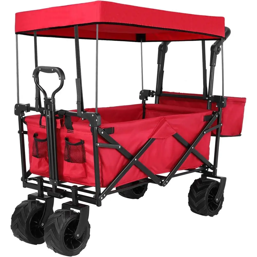 

Push and Pull Collapsible Utility Wagon, Heavy Duty olding Portable Hand Cart with Removable , 7“ All-Terrain Wheels, Adjustable