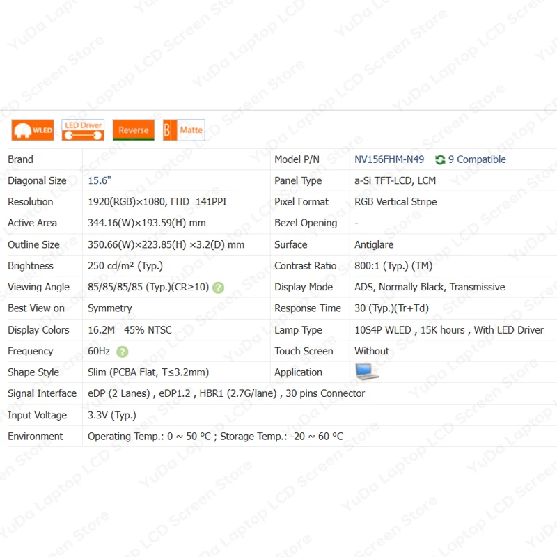 Imagem -04 - Tela Lcd para Laptop Display Matrix Panel Edp 30 Pins Nv156fhm-n49 Nv156fhm-n47 Tv156fhm-nh0 Lp156wf9-spk2 k3 Lp156wfc-spda 15.6 Pol