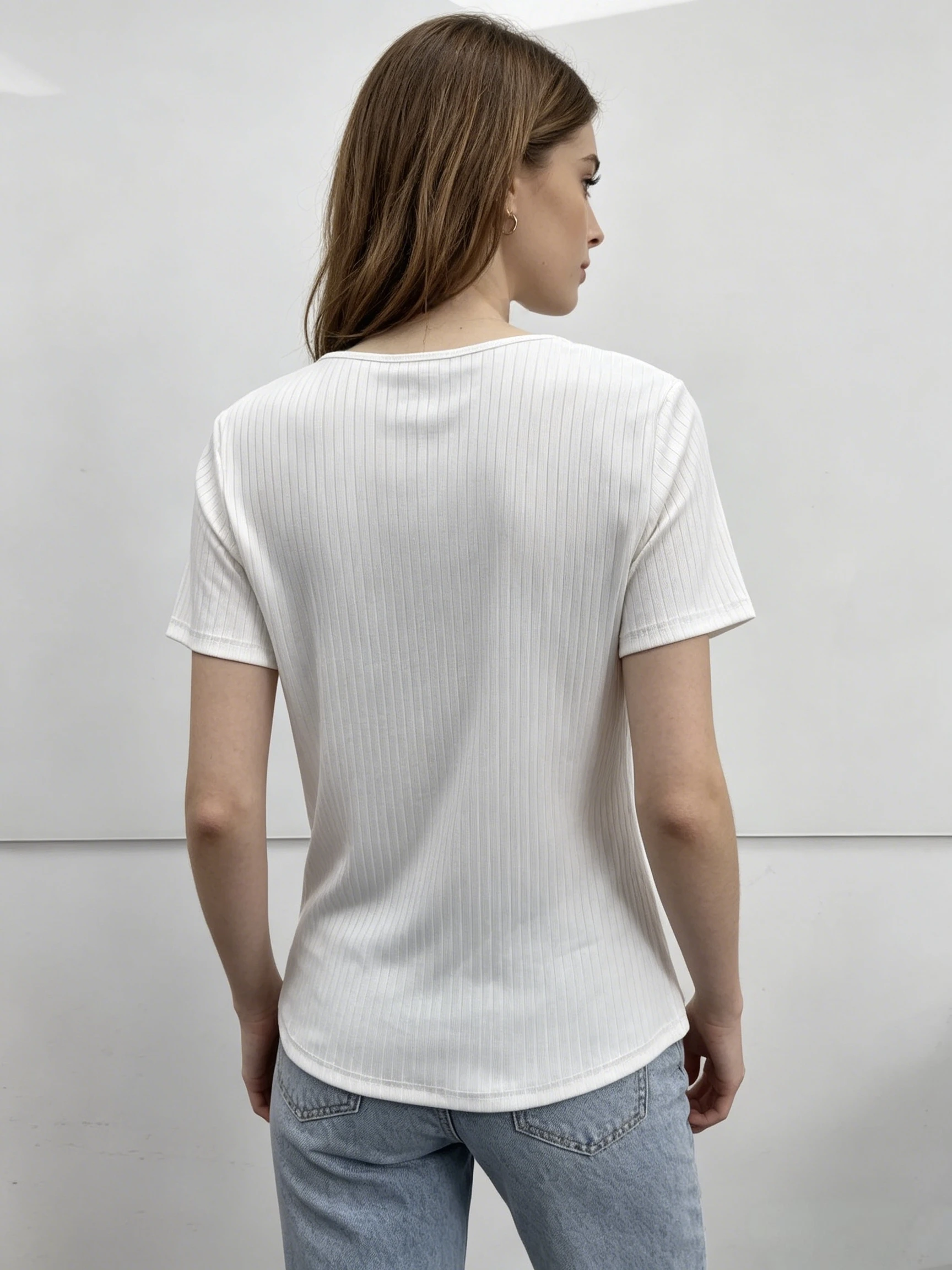Women's Casual V-Neck T-Shirt, Single-Breasted Summer Style, Solid Color Short Sleeves