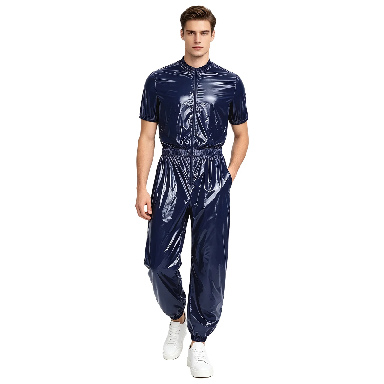 Mens Waterproof Tracksuit Sauna Sweat Suit Short Sleeve Zipper Jogging Pants Jumpsuit with Pockets Rainwear Workout Sportswear