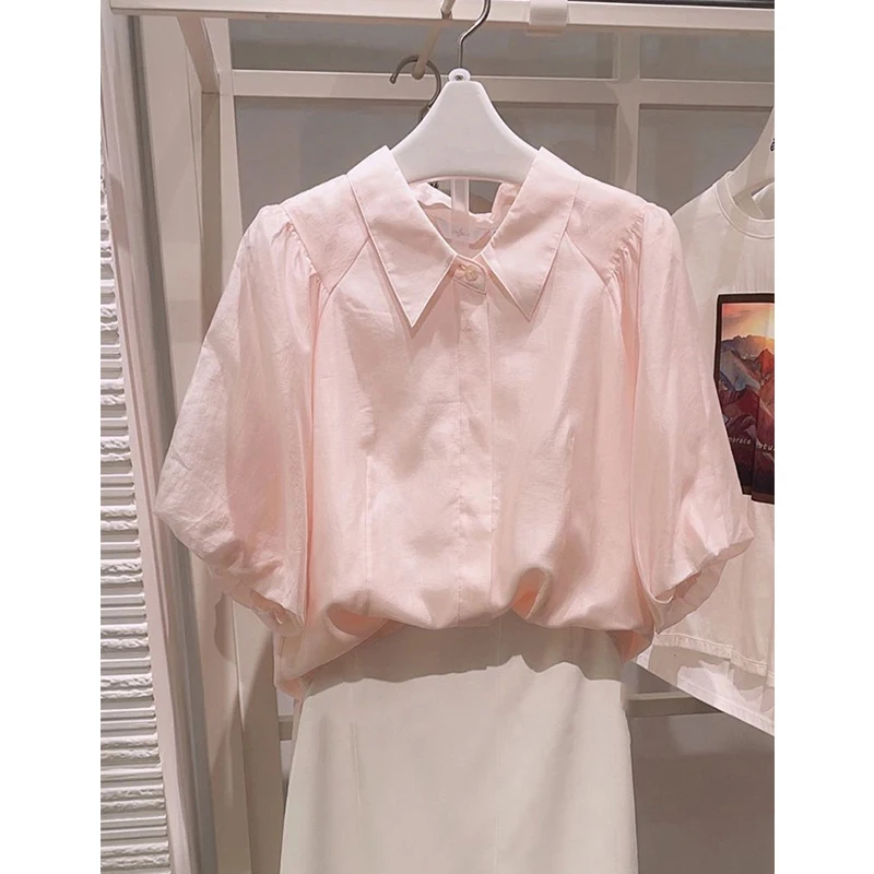 

Chic Summer ort Sve Chiffon irt Sli Lightweight Mature Design Beautiful Faionable Slimming Ne Button Detail