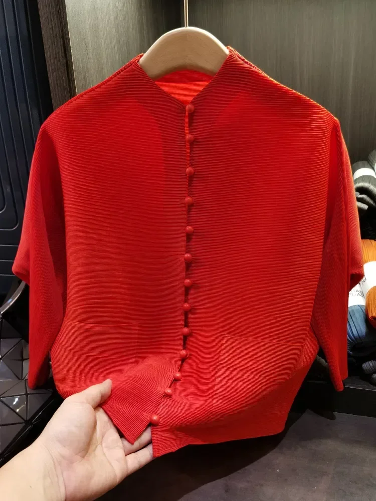 Pleats original pocket design solid color bat sleeve pleated short jacket female spring new fashion loose big size cardigan tops